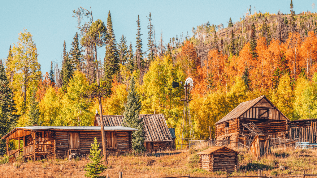A group of wooden cabins on a hillside.